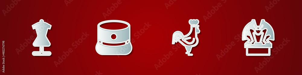 Set Mannequin, Kepi, French rooster and Gargoyle on pedestal icon. Vector Set Mannequin, Kepi, French rooster and Gargoyle on pedestal icon. Vector