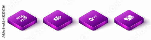 Set Isometric India Gate in Delhi, Hamsa hand, Sitar and Tandoori chicken icon. Vector