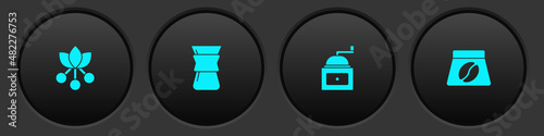 Set Coffee bean, branch, Pour over coffee maker, Manual coffee grinder and Bag beans icon. Vector