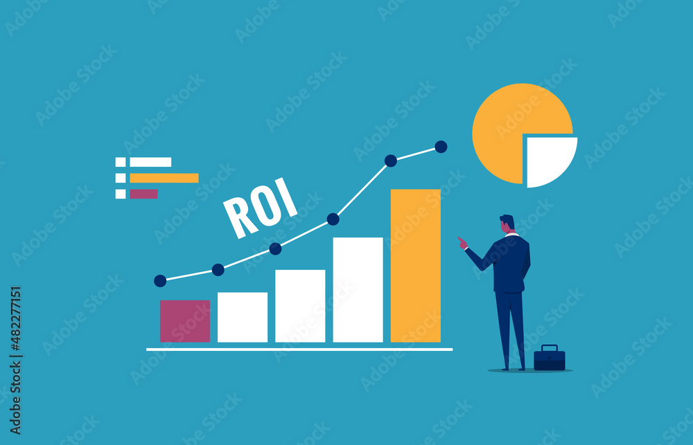 Businessman with ROI graphs, profit and revenue increase, gain more income vector illustration Businessman with ROI graphs, profit and revenue increase, gain more income vector illustration