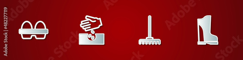Set Chicken egg in box, Seeds, Garden rake and Waterproof rubber boot icon. Vector