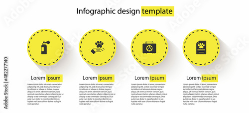Set Pet shampoo, Hands with animals footprint, first aid kit and Clinical record pet. Business infographic template. Vector