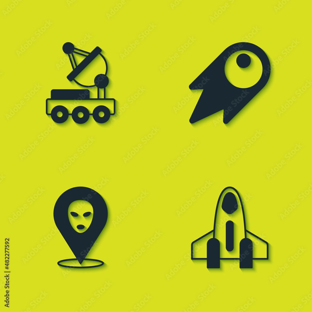 Set Mars rover, Rocket ship, Alien and Comet falling down fast icon. Vector