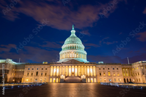 The United States Capitol at night, often called the Capitol Building, is the home of the United States Congress and the legislative branch of the U.S. federal government. Washington, United States.