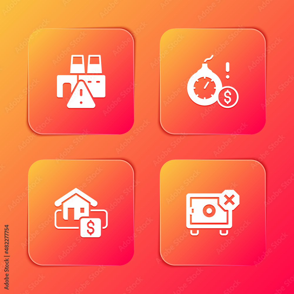 Set Shutdown of factory, Money bomb dollar crisis, Hanging sign with Sale and Safe icon. Vector Set Shutdown of factory, Money bomb dollar crisis, Hanging sign with Sale and Safe icon. Vector