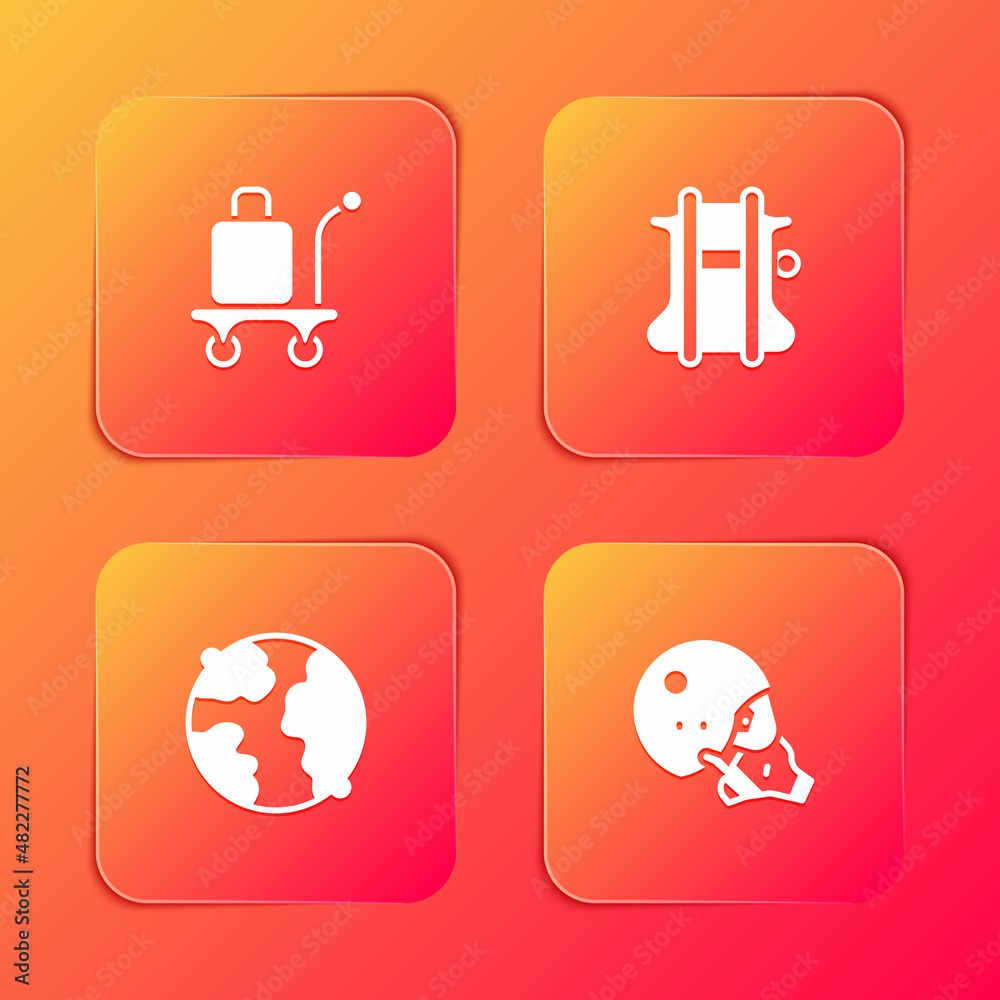 Set Trolley baggage, Parachute, Worldwide and Modern pilot helmet icon. Vector