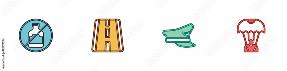 Set No alcohol, Airport runway, Pilot hat and Parachute icon. Vector Set No alcohol, Airport runway, Pilot hat and Parachute icon. Vector