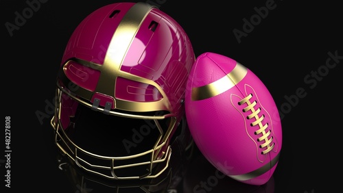 American football Gold-Wine Red helmet and Gold-Red Ball under black laser lighting. 3D illustration. 3D CG. 3D high quality rendering.