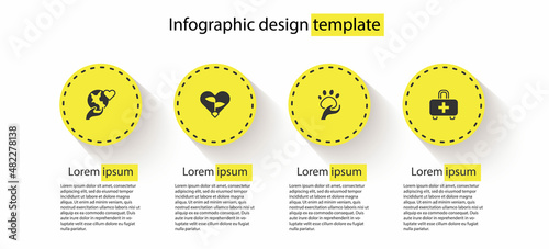Set Hand holding Earth globe, Leaf heart, Animal volunteer and First aid kit. Business infographic template. Vector