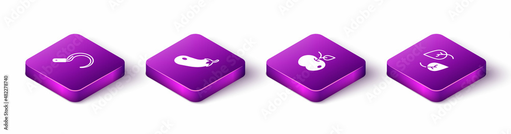 Set Isometric Sickle, Eggplant, Apple and Leaf icon. Vector Set Isometric Sickle, Eggplant, Apple and Leaf icon. Vector