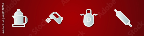Set French press, Electric mixer, Kitchen apron and Rolling pin icon. Vector