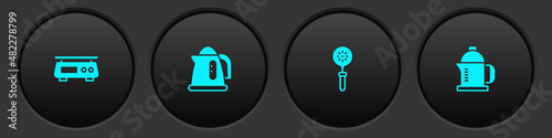 Set Electronic scales, Electric kettle, Spatula and French press icon. Vector
