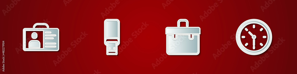Set Identification badge, USB flash drive, Briefcase and Clock icon. Vector Set Identification badge, USB flash drive, Briefcase and Clock icon. Vector