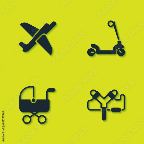 Set Toy plane, Slingshot, Baby stroller and Roller scooter icon. Vector