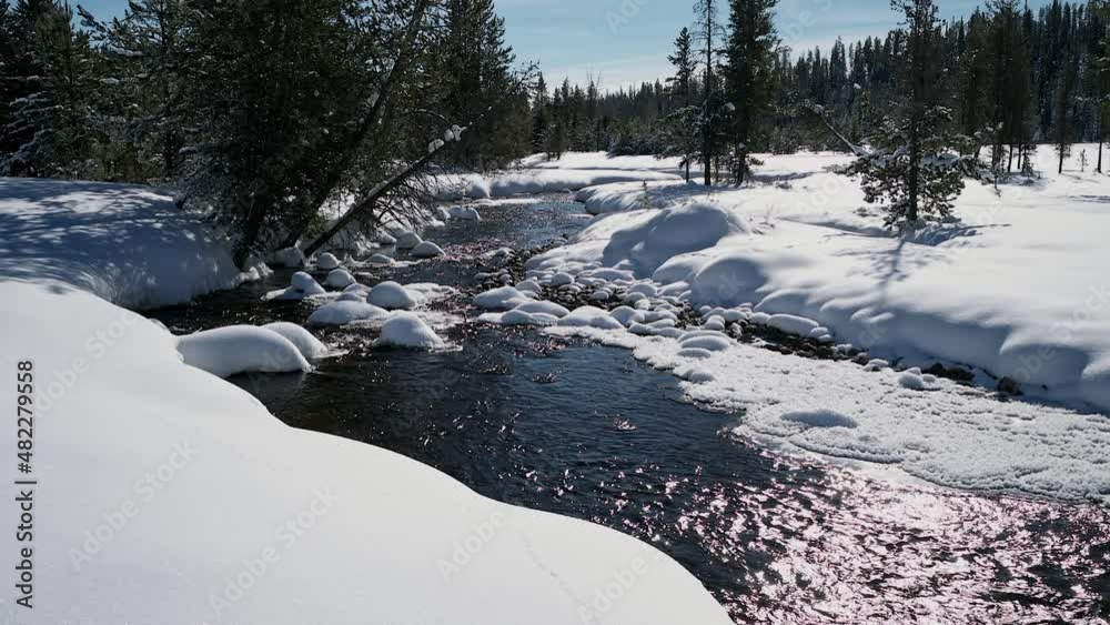 Cold water stream with heavy snow covered banks and rocks Cold water stream with heavy snow covered banks and rocks