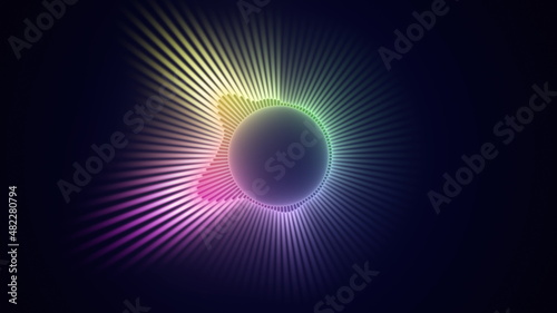 Loopable rainbow colored VJ motion graphics, audio vu meter spectrum waveform circle beat react EDM seamless loop for club concert and high tech background screen. Projection mapping, UHD 4K 3D
