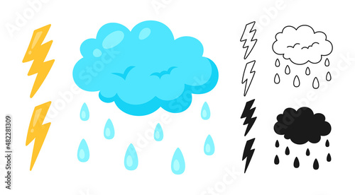 Cloud lightning icon set. Cartoon flat bad weather comic hand drawn symbol. Cute thunderstorm, bright nature weather element. Meteorological infographics for print, fabric, vector