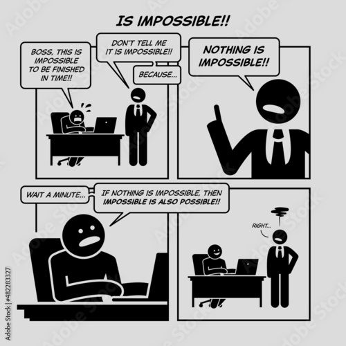 Funny comic strip. Is impossible. Boss force employee to finish his work in time because nothing is impossible. Comic depicts employer, employee, boss, staff, office paperwork, and too much work.