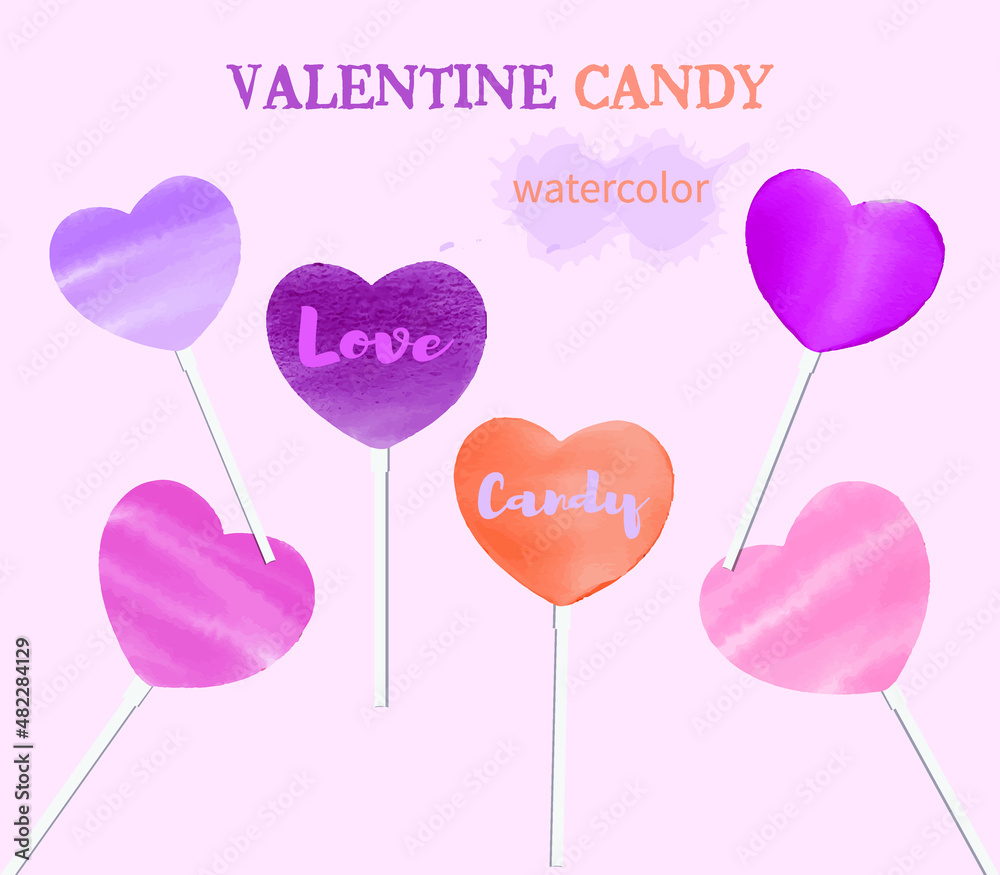 Valentine Sweet Candy with Love or Heart Shapes Watercolor Vector Template