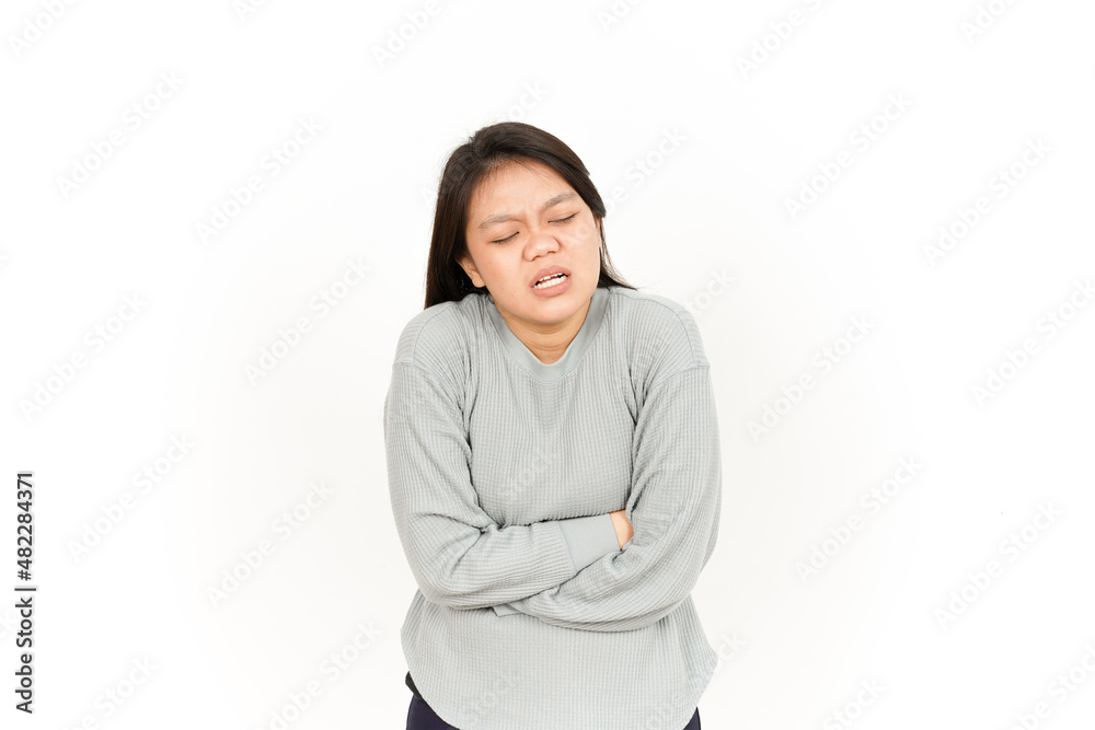 Stomachache Gesture Of Beautiful Asian Woman Isolated On White Background Stomachache Gesture Of Beautiful Asian Woman Isolated On White Background