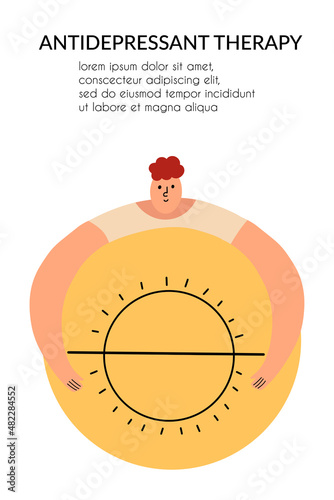 The concept of antidepressant therapy for depression. The character is holding a pill in the form of the sun. Vector illustration in flat style
