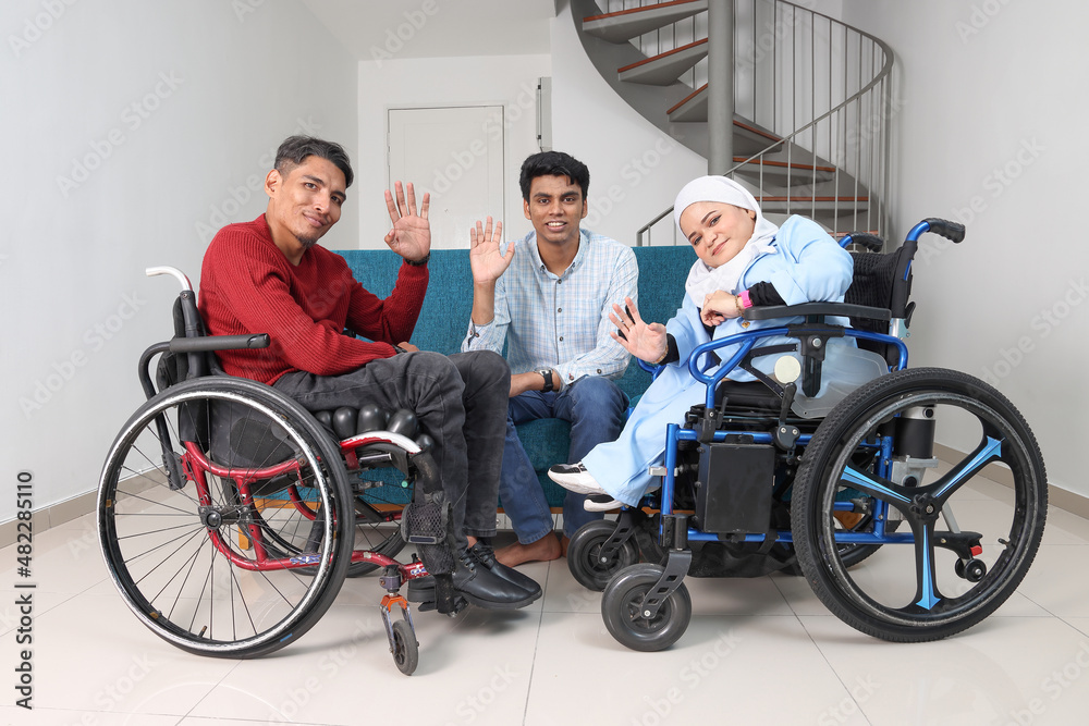 Obraz premium Group of southeast Asian adult child girl male female special need medical down adhd autism syndrome disabled wheelchair work study business discuss talk thumbs up wave success happy love hart