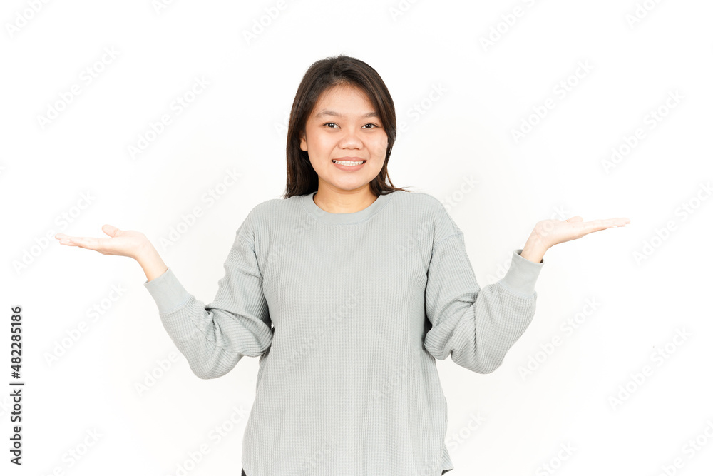 Showing two Product on Open Palm Of Beautiful Asian Woman Isolated On White Background Showing two Product on Open Palm Of Beautiful Asian Woman Isolated On White Background