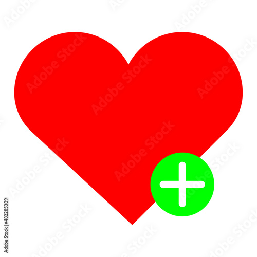 Heart with plus sign. Red and green element. Hospital sign. Medical concept. Flat art. Vector illustration. Stock image. 