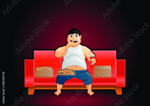 Obese man eating lots of pizza on the couch vector