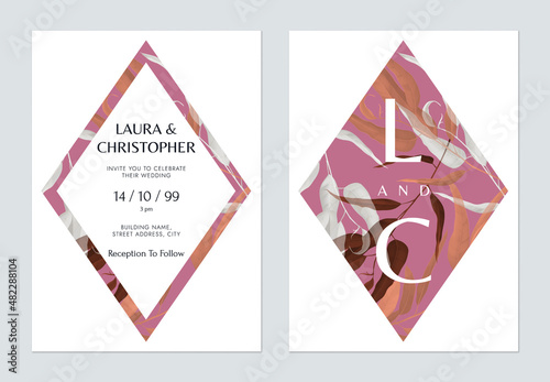 Floral wedding invitation card template design, colorful eucalyptus leaves