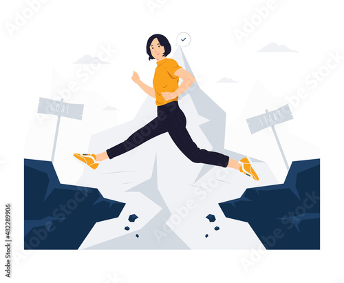 businesswoman jump through the gap between hill jumping over cliff to across obstacles to success, overcome challenge, career motivation concept illustration