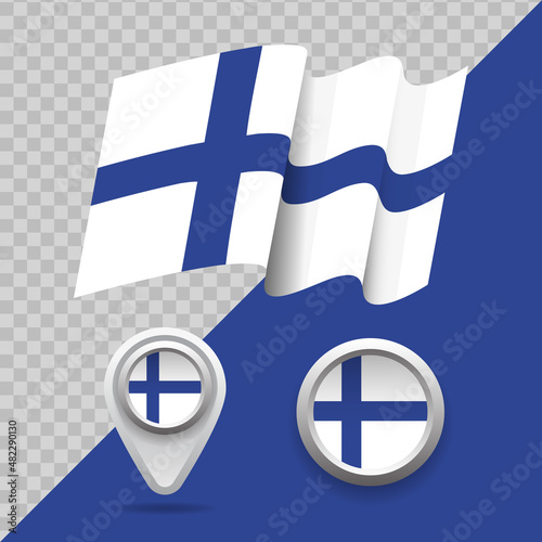 Set of national Finland flag. 3D Finland flag, map markers and emblem on transparent background vector illustration.