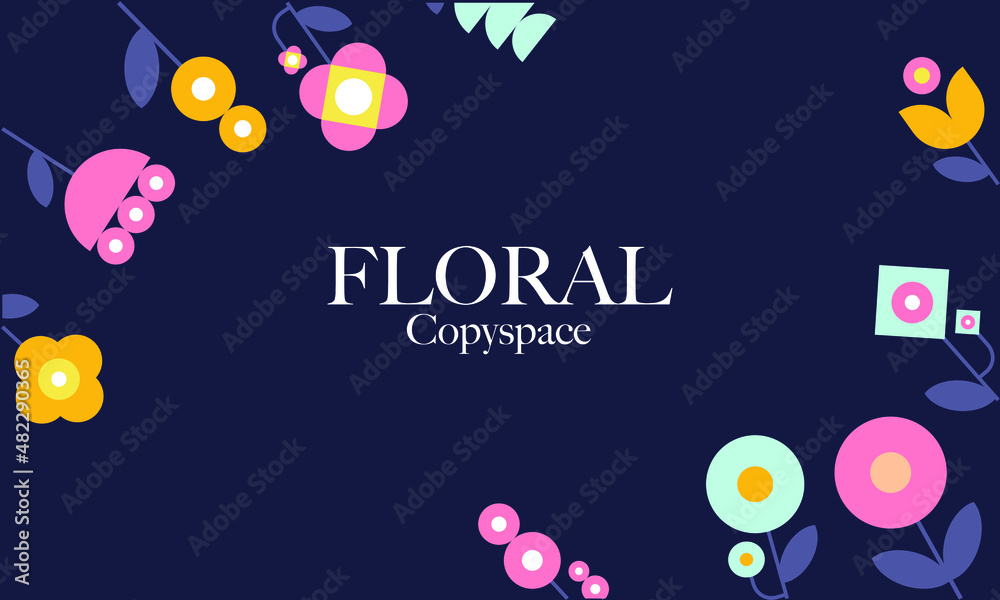 a floral copy space background. minimalist illustration with spaces for text. colorful flowers on a dark background for a decorative element design.