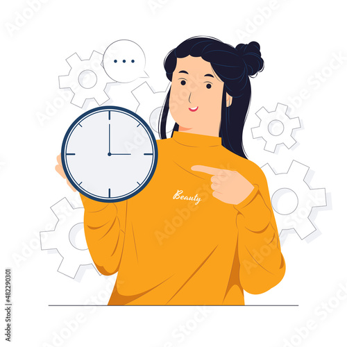 woman holding and Pointing index finger on clock concept illustration