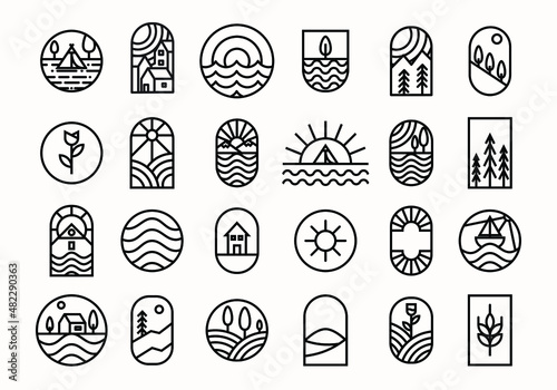 set of monoline badge illustrations. various emblems in black illustrated in a classic and minimalist style. a nature on frame for a creative identity design.
