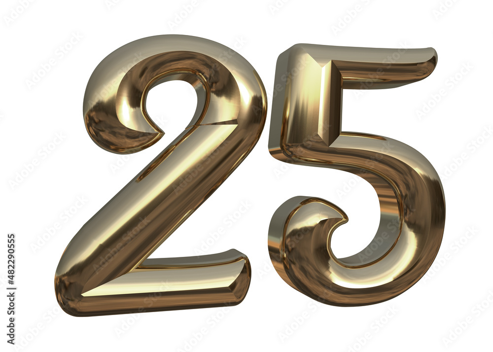 Isolated Logo of Silver Jubilee Anniversary. Steel Metallic Three Dimensional Number 25, 3D Render Illustration.