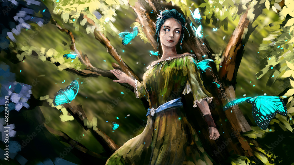 A beautiful elf girl with blue hair is standing in the forest, she is a witch. she's wearing a green dress. she looks at the flying magic blue butterflies. green leaves and sparks in the air 2d art