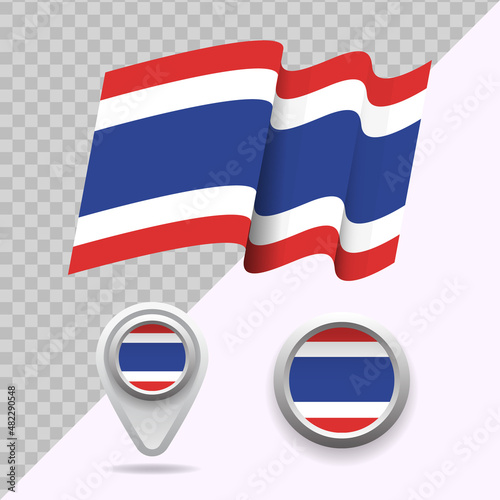 Set of national Thailand flag. 3D Thailand flag, map markers and emblem on transparent background vector illustration.