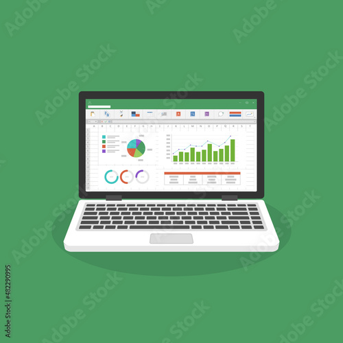 Spreadsheet on Laptop screen flat icon. Financial accounting report concept. office things for planning and accounting, analysis, audit, project management, marketing, research vector illustration.