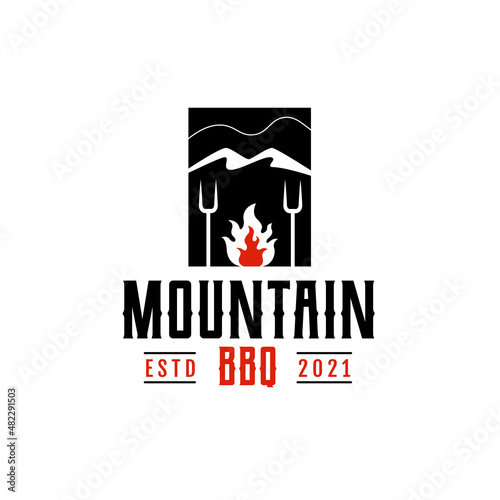Vintage Retro Rustic BBQ Grill, Barbecue, Barbeque with Mountain Label Stamp Logo Design Vector Suitable for Restaurant