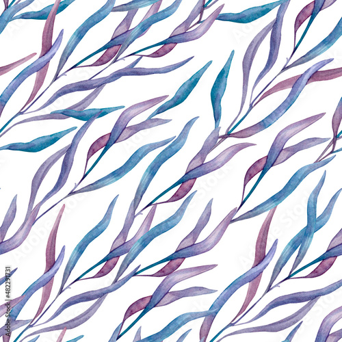 An endless seamless pattern of flexible branches with thin, long intertwining leaves in blue, purple and pink. Painted in watercolor, isolated on a white background.