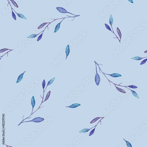  A delicate seamless pattern of blue-purple watercolor thin twigs and leaves on a blue background. 