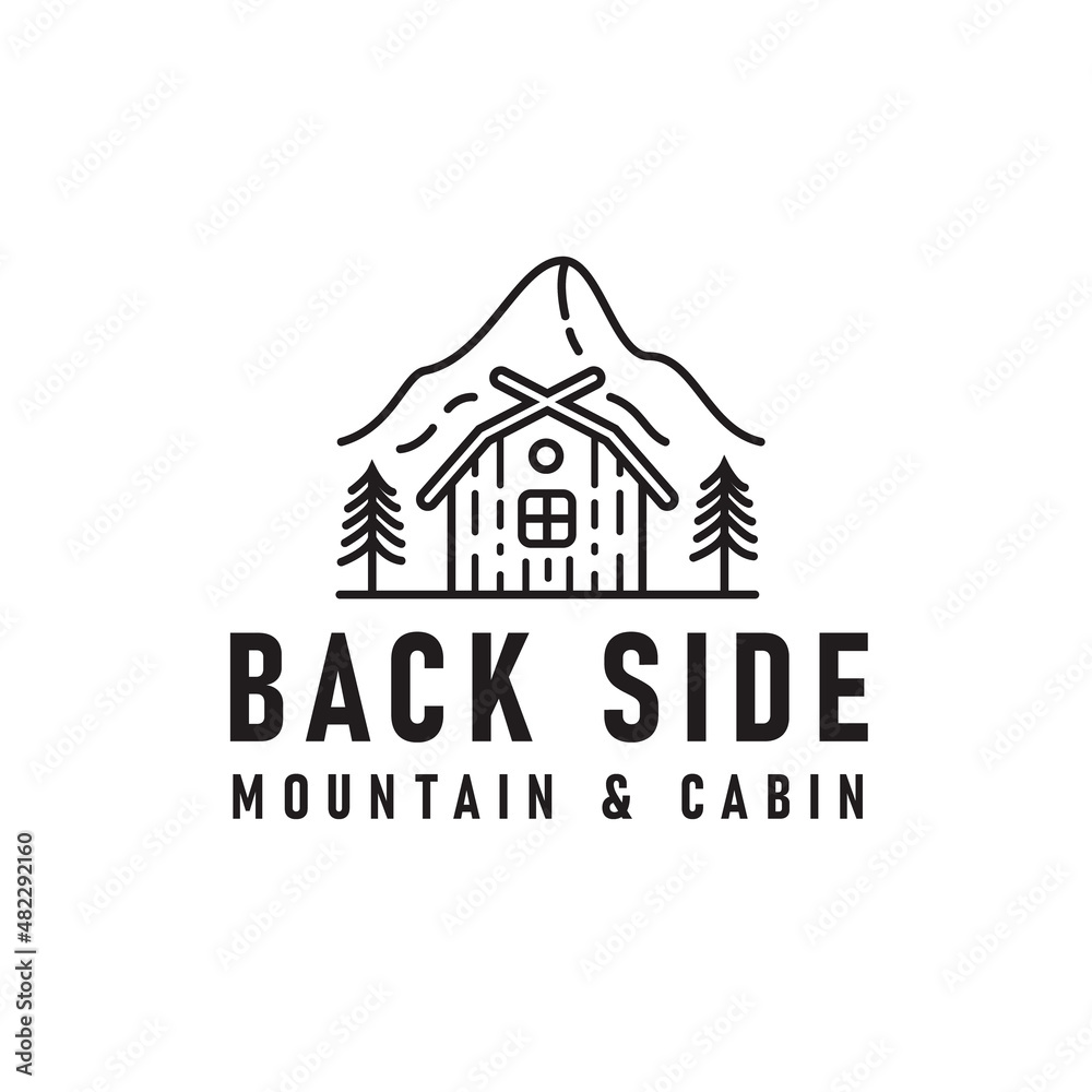 Fototapeta premium Back side mountain cabin vintage retro hipster line art Logo design template