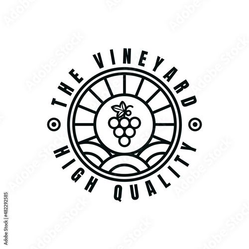 The vineyard Logo of Organic Natural Winery or Wineyard, Quality Label or Badge for a Production Package or Bottle, Minimalistic Outline Concept with land grape and light