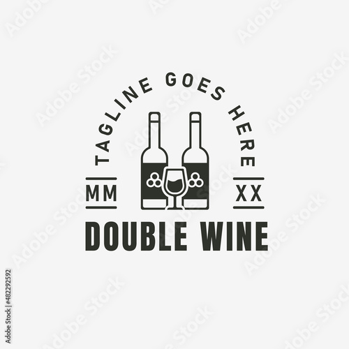 Double wine Logo with bottle and glass of wine vector illustration logo template for wine bar or sommelier courses. Quality Label or Badge for a Production Package or Bottle
