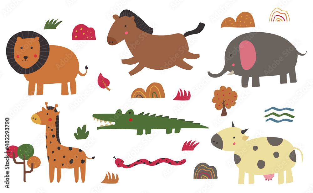 Obraz premium hand drawn whimsical cute wild animal at zoo for kid cartoon boho doodle style