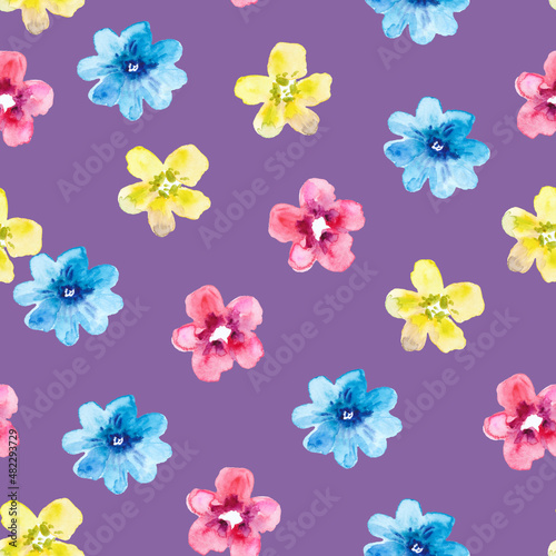 Fototapeta Naklejka Na Ścianę i Meble -  Watercolor seamless pattern with colorful abstract simple flowers. Cute festive floral print for design and fabric.