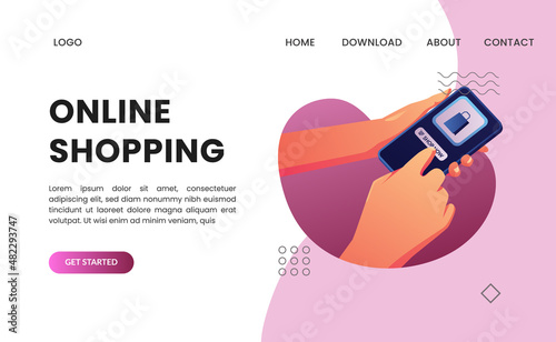 Hand holding mobile phone pose for buy on online shopping e commerce illustration for landing page concept