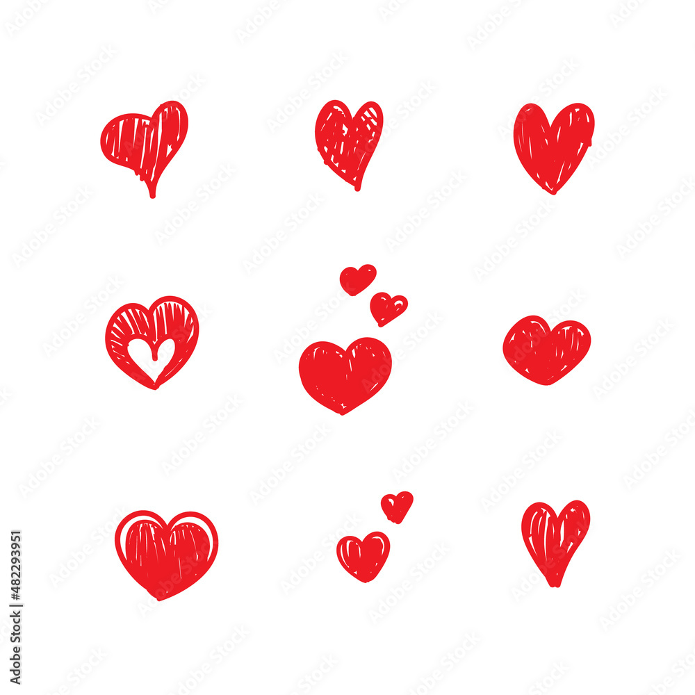 hand drawn scribble hearts. collection of hand drawn doodle heart isolated on white background