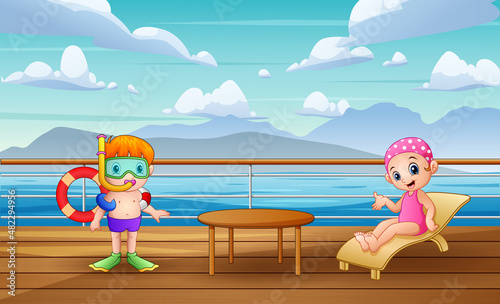 Happy children are relaxing on ship deck